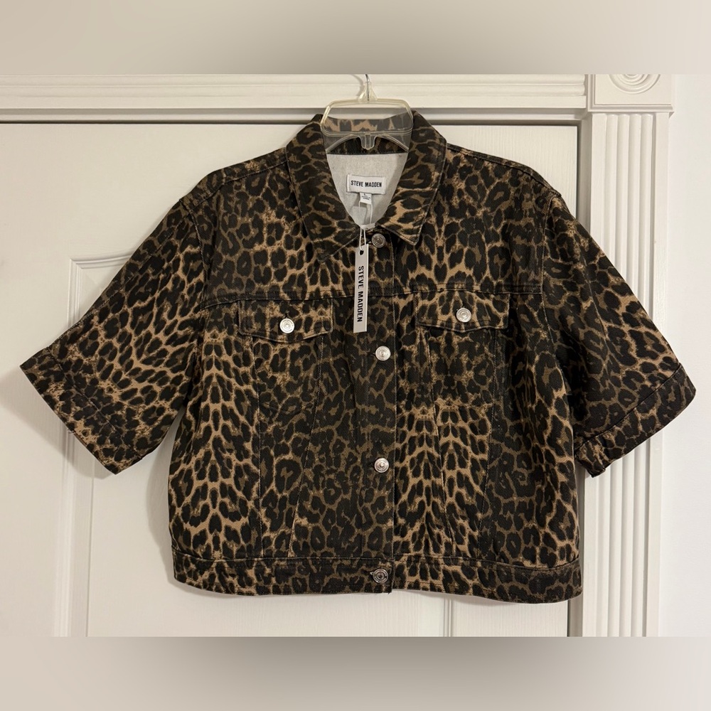 Steve Madden Leopard-Print Jean Jacket Brown and Black Short Sleeve Button Up L